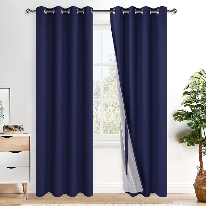 XWZO Full Shading Blackout Curtains 84 Inches Long with Tiebacks- Heat and Light Blocking Ring Top Window Drapes with Black Liner Backing for Bedroom/Kid's Room, Navy Blue, W52 x L84, Set of 2