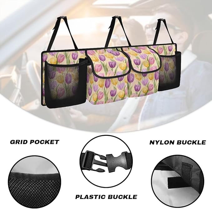 Trunk Organizer Oxford Cloth Car Storage Organizer Keep the Car Clean and Tidy Washable Car Trunk Organizers for Women, Easy to Install and Clean, Tulip Pattern