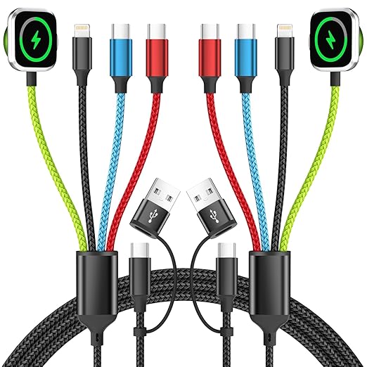 Travel Essentials Watch Charger, 4 in 2 Multi Charging Cable with Dual Type-C, USB A/C Travel Charger for Multiple Devices for iWatch Ultra/SE/11-2, iPhone 17-11, Galaxy S25-21, iPad (2PACK 5FT)