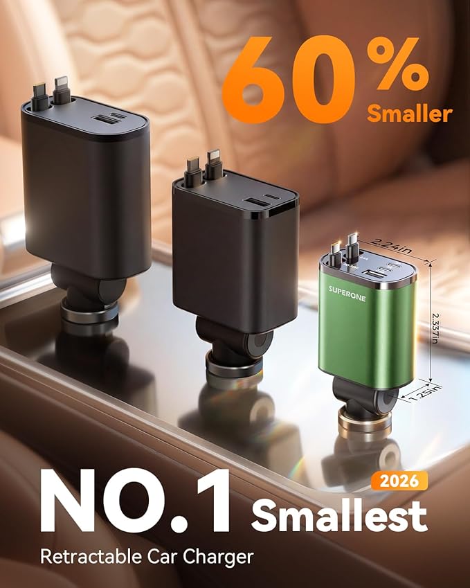 SUPERONE 5 in 1 Retractable Car Charger with Dual Type C Cables, 90W Fast Charging USB C Car Accessories Adapter for iPhone 17/16/15/14/13/12, iPad, Galaxy, Pixel