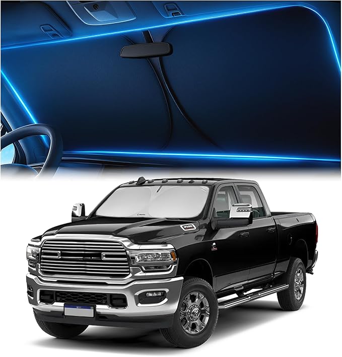 Windshield Sunshade for Dodge RAM 2500 3500 2010-2025 2026 – Upgraded Double-Layer Design, Mirror Cut-Out, Blocks 99% UV Rays, Thick & Durable, Easy-Fold Dodge RAM 2500 3500 Windshield Sun Shade