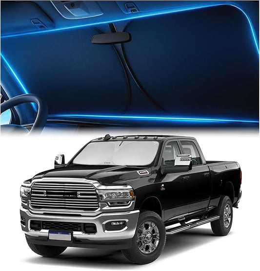 Windshield Sunshade for Dodge RAM 2500 3500 2010-2025 2026 – Upgraded Double-Layer Design, Mirror Cut-Out, Blocks 99% UV Rays, Thick & Durable, Easy-Fold Dodge RAM 2500 3500 Windshield Sun Shade