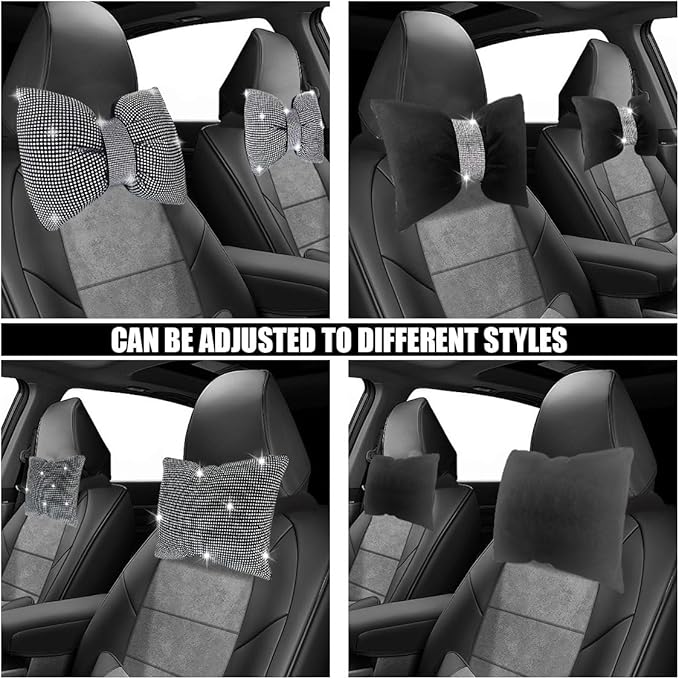 1 PCS Rhinestone Car Headrest Neck Pillow, Auto Headrest Cushion for Driving Seat, Bling Crystal Diamond Bow Neck Support Relax Pillow, Car Interior Accessories for Women Girly (White)