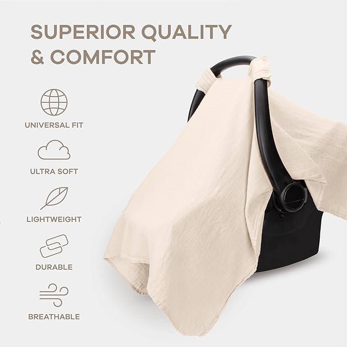 Comfy Cubs Baby Car Seat Cover - Soft, Breathable Bamboo Rayon and Muslin Cotton Blend - Lightweight Canopy for Sun, Bug, and Comfort Protection - Large Size Infant Seat Cover in Sand Design