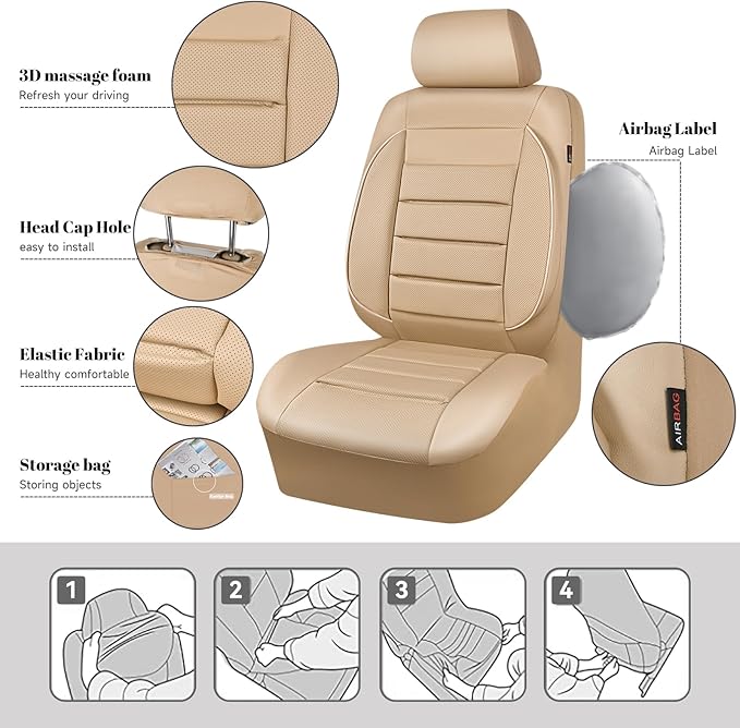 CAR PASS Leather Seat Covers Full Set Universal Water Resistant 3D Foam Back Support, Luxury Comfort Automotive 5 Seat Covers All Season Fit for SUV,Sedan,Van, Airbag Compatible Elegance (Beige)