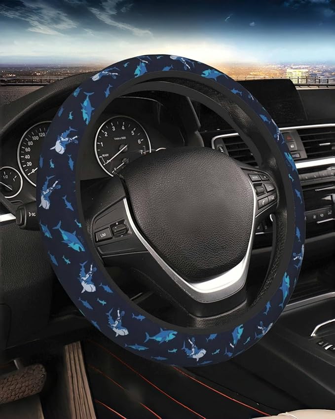 Steering Wheel Cover Accessories Neoprene Cover, Breathable Non-Slip Easy to Install Suitable for Women Men, 14.5-15.5 Inch for Car SUV Van Truck Universal - Blue Shark