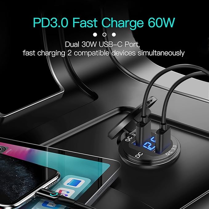 4 Port 12V USB Outlet Aluminum Charger with Voltmeter, 78W Fast Charge Dual PD3.0 & QC3.0 Multiple USB Port for Car, Marine USB C Socket Cigarette Lighter Replacement Waterproof 12 Volt Outlet, 2 Pack