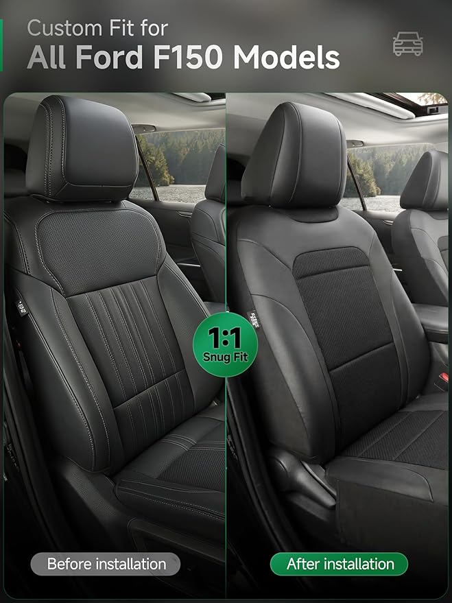 GIANT PANDA Air Cool Mesh Truck Car Seat Cover Custom Fit Ford F150 2009-2026,2017-2026 F250 F350 Super Duty Crew Cab SuperCrew SuperCab,Breathable Cooling,with Leather Back Pannel(Black