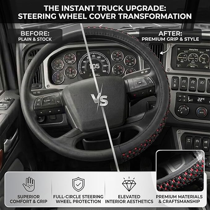 15" 16" 17" 18" 19" 20 Inch Ice Silk Ventilation Multi-Style Comfy Grip Steering Wheel Cover for Truck, Bus, Big Rig Trucker,SUV， Anti-Slip Design 16-20 Inch (BlackRed, 20 inch)