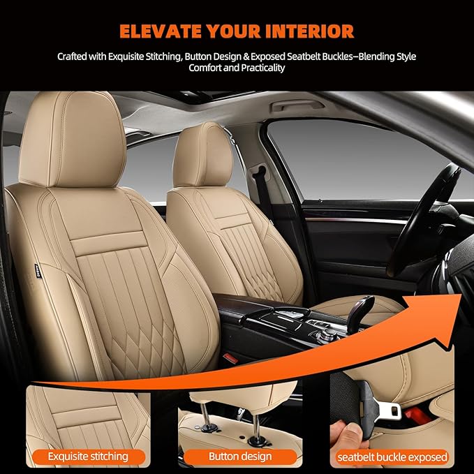 KEYOOG 2-Seater Waterproof and Breathable Nappa Leather Car Seat Covers Full Set, Fit for Front Seats of Cars, Compatible with Airbags, Car Seat Protector Covers for Most Cars - Beige