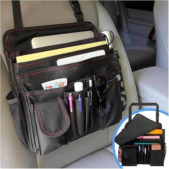 Car Front Seat Organizer, Car Backseat Organizer with Adjustable Shoulder Strap, Passenger Seat File Bag with Dedicated Laptop Tablet Holder Cup Holder for Car Law Enforcement (Black with Red Line)