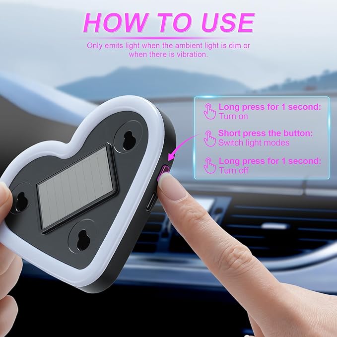 iFunyLED Car LED Interior Lights, Heart-Shaped Ambient Light for Windows, 5 Lighting Modes, Charging Through Type-c and Solar Energy, Car Decorations for Women Men, Pack of 1, (Pink)