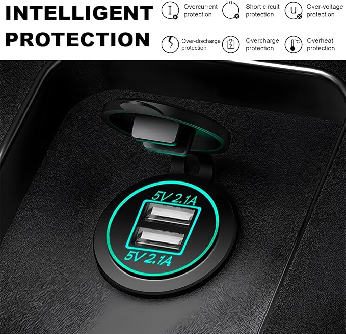 4.2A Dual USB Charger Socket, Waterproof Power Outlet 12V/24V 2.1A & 2.1A Quick Charge Socket, USB Charger Socket with Cap for Car Golf Cart Mobile RV ATV Truck Marine Boat (Green)