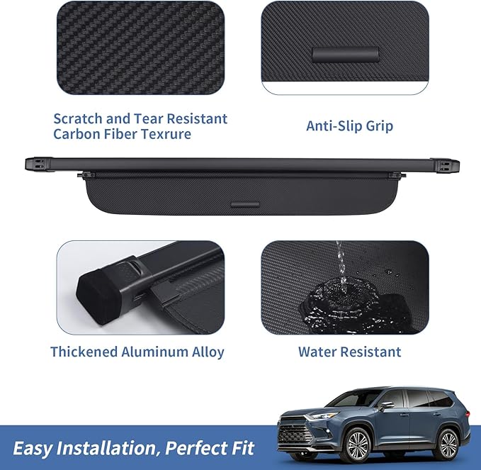 ZXMOTO Cargo Cover Compatible with Toyota Grand Highlander 2024 2025 Retractable Type Retractable Rear Trunk Security Cover Shielding Shade Accessories