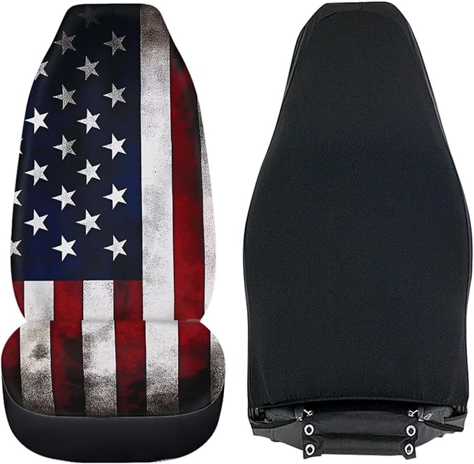 ELEQIN Vintage US Flag Print Car Seat Covers Two Front Only for Car, Automotive Interior Covers, Airbag Compatible, Quick Setup Universal Fit Seat Covers for Car, Truck, SUV