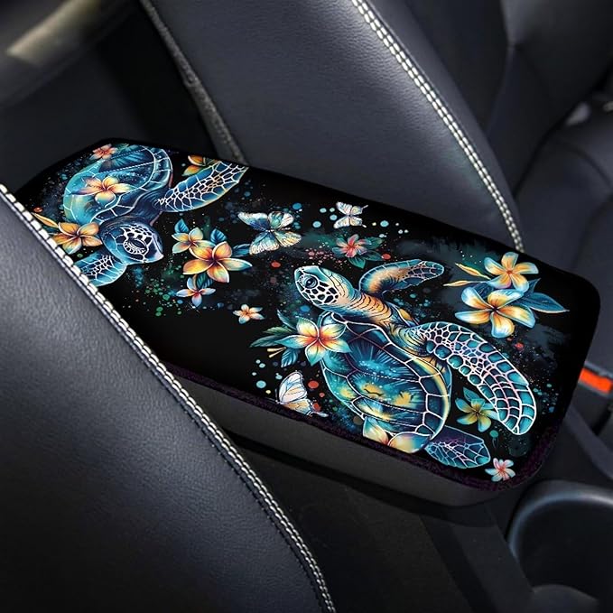 Car Center Console Cushion Pad Comfortable Auto Center Console Armrest Cover, Turtle Floral Car Interior Accessories Auto Armrest Box Cushion Pad for Most Cars