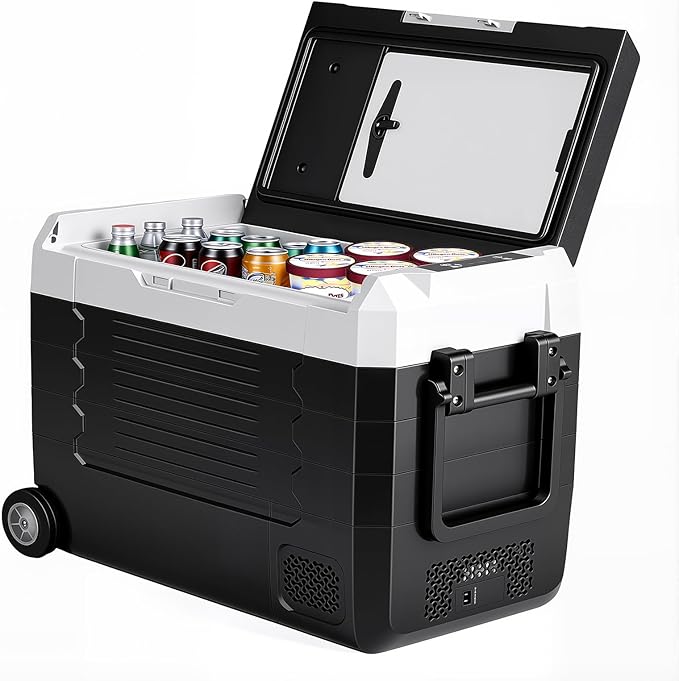 OLIXIS Portable Car Refrigerator, 53QT Dual-Zone Electric Cooler for Vehicles with Wheels & Cutting Board, -4℉-68℉ Freezer Smart Control via Bluetooth, Battery Protection, 12/24V DC & 100-240V AC