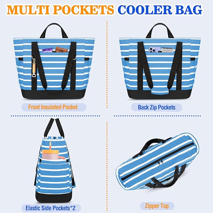 HUANLANG Soft Cooler Bag Insulated for Travel,Large Insulated Grocery Bags with Zippered Top,PEVA Collapsible Food Delivery Cooler Bag for Beach, Travel, Picnics