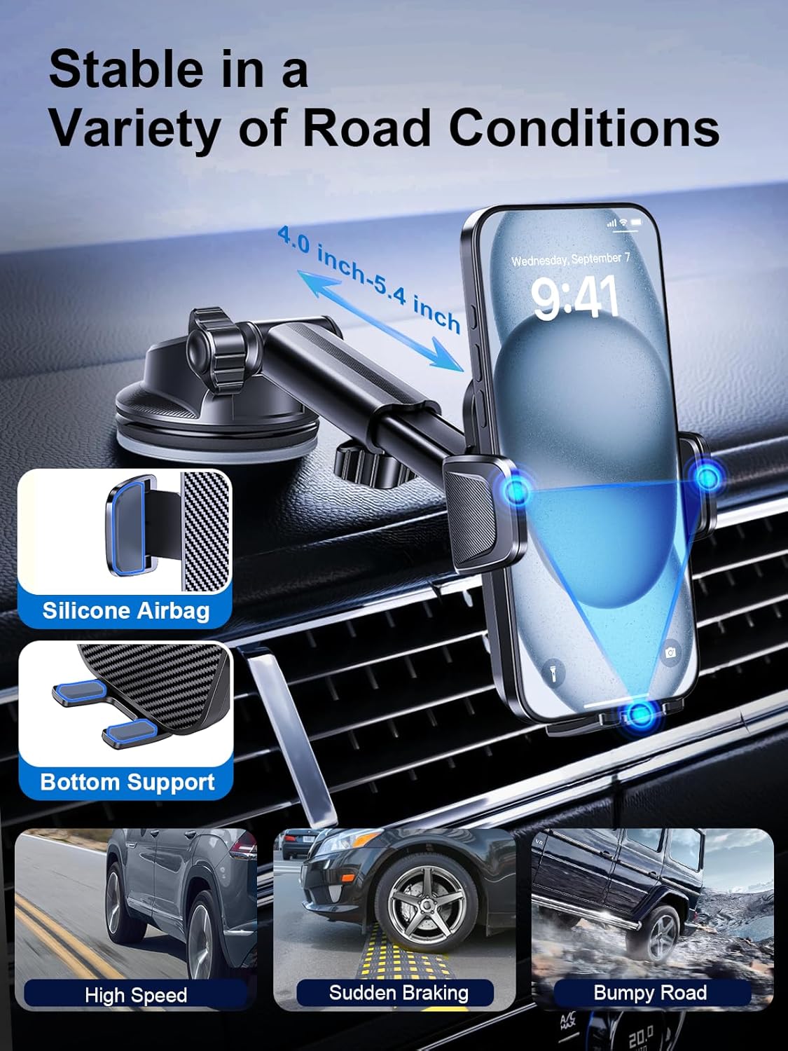 [Military-Grade 3-in-1 Blue Phone Holders for Your Car, [2025 Most Stable and Flexible Suction Cup] Vent Dashboard Windshield Cell Phone Mount Car Fit for All Phones, iPhone, Samsung