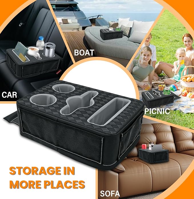 Car Cup Holder, Back Seat Cup Holder for Car, Truck Bed Organizer Boat Couch Bottle Holder Tray Expander Automotive Rear Seat Storage Accessories Pu Leather Fit for Coffee Drink Food