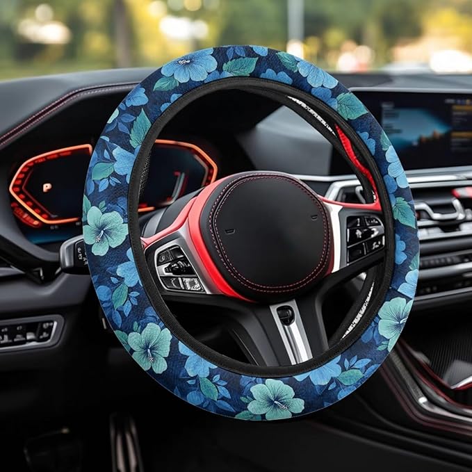 AFPANQZ Car Steering Wheel Covers White Sweat Absorption Comfort Grip, Branch White Universal 14-15 inch Stretch-on Fabric Keep Warm Steering Wheel Protector for Women