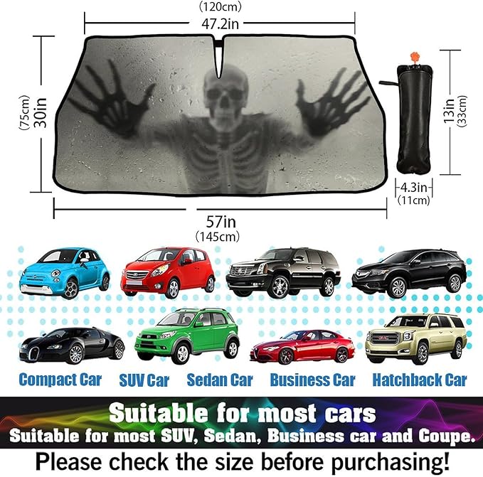Socira Ghost Skull Car Windshield Sunshade Umbrella Foldable Horror Umbrella Funny Sun Shade Windshield Cover Creepy Skeleton Sunshade Skull Car Accessories Keeps Cool (57" X 30")