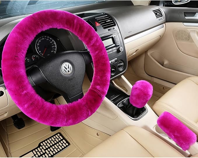 3Pcs/Set Pure Wool Fur Furry Steering Wheel Cover, Soft Fluffy Handbrake Cover Gear Shift Cover for Women Car SUV Truck Australia Sheepskin Accessories