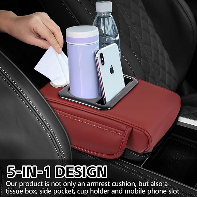 wuyaoyao Car Center Console Cover, 13.39"×8.27"×3.15" Leather Car Armrest Cover with Pocket & Tissue Box & Cup Holder, Multifunctional Auto Armrest Cushion Pad, Universal Car Accessories (Wine Red)