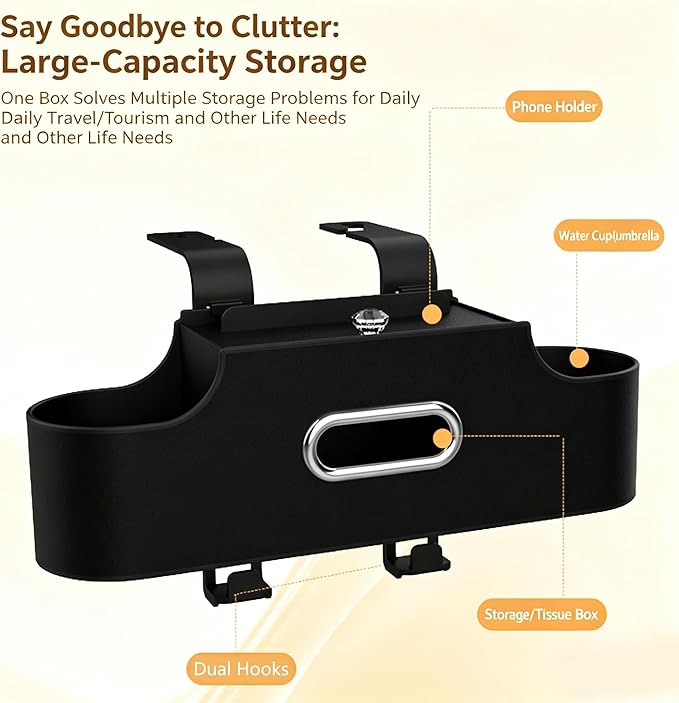 4-in-1 Back Seat Car Organizer, Adjustable Hooks, Universal Fit, with Cup Holder, Tissue Box & Storage, for Travel, Stores Phone, Snacks, Drinks, Handbags, Keeps Car Neat & Space-Saving (Black)
