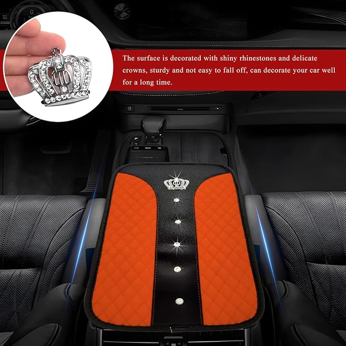 Bling Leather Car Center Console Cover, Anti-Slip Crown Armrest Seat Box Cushion Pad with Rhinestones, Waterproof Crystal Arm Rest Protector Interior Decor for Most Vehicles (Orange)