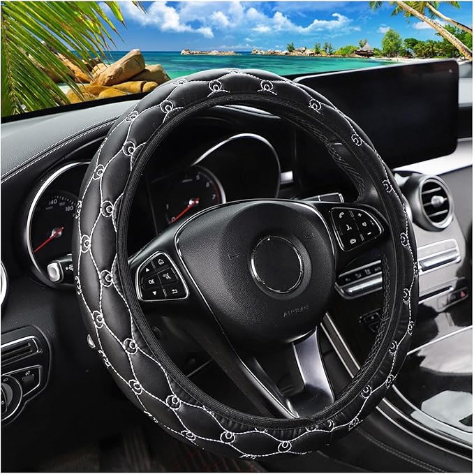 Car Steering Wheel Cover, PU Leather Non-Slip Lantern Pattern Vehicle Steering Wheel Cover Protection, Breathable Automotive Interior Protecter Accessories, Universal Fit (Black/White)