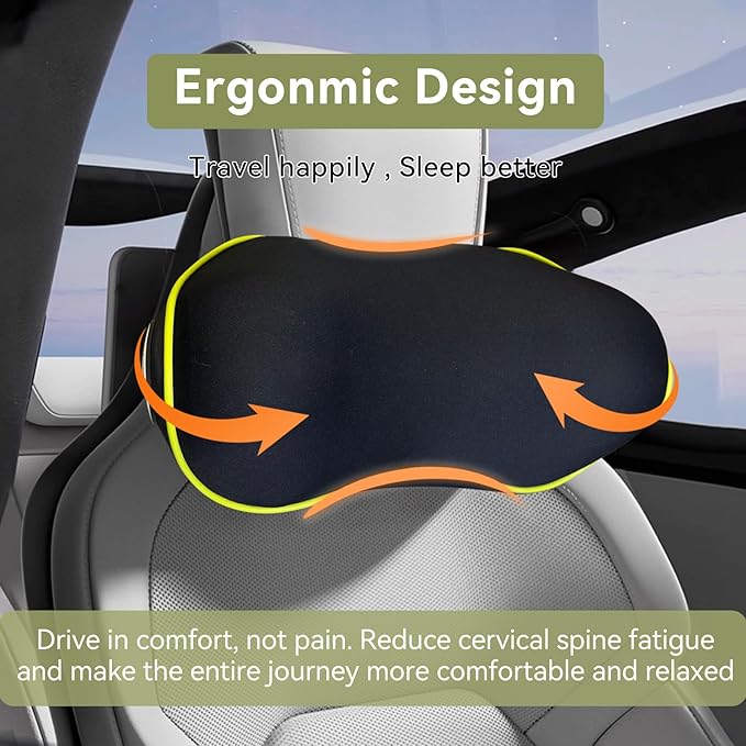 SPRFUFLY Really Chic Car Headrest Pillow, Car Pillow for Driving with Adjustable Strap, 100% Memory Foam Neck Pillow, Ergonomic Design - 2 Pack Car Neck Pillow(Includes 2 Eye Masks, Yellow Side Rope)