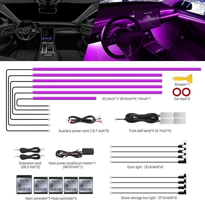 RGB Acrylic Interior Car LED Strip Light with Wireless APP, 18 in 1 with 175 inches 593 LEDs Neon LED Strip Light, 16 Million Colors Dynamic Music Sync Car Ambient Lighting Kits
