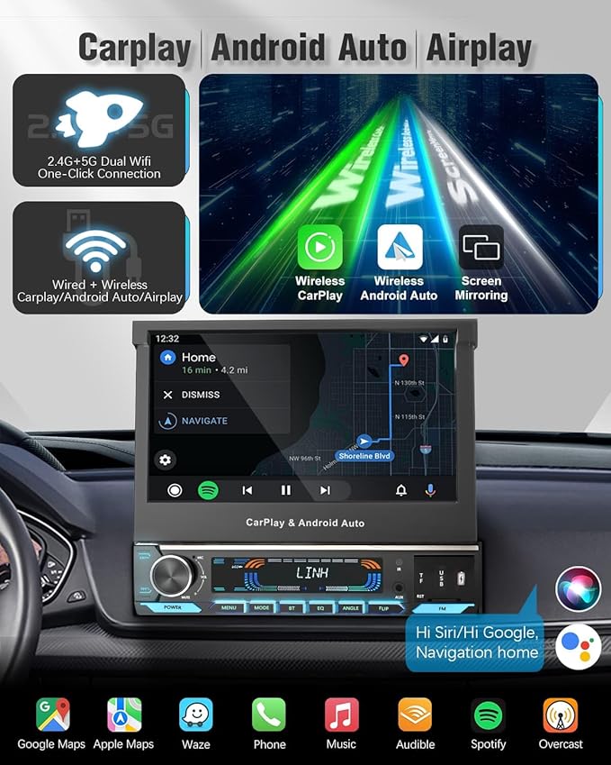 【SOOEMAKA】 Single Din Touchscreen Radio with Wireless CarPlay, 7 inch QLED Android Auto Screen for car,Motorized Flip Out Car Stereo Upgrade Fast Charging(QC/PD 3.0)/AM/FM/DSP/AHD (S7012)