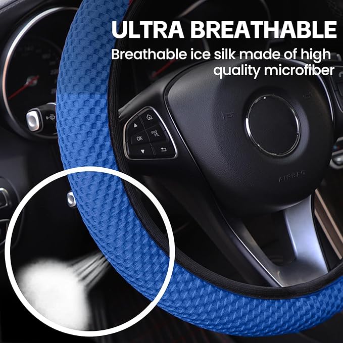 Elastic Stretch Car Steering Wheel Cover, Comfortable Steering Wheel Cover Universal for 14.5-15 Inch, Warm in Winter & Cool in Summer, Anti-Slip Breathable Ice Silk (Blue)