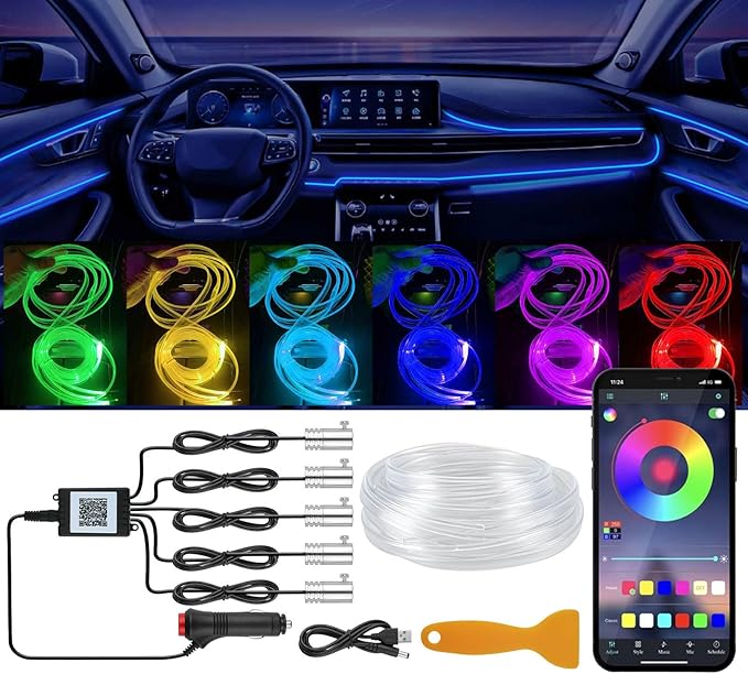 YUGUANG Interior Car Lights Strip APP Control, 5 in 1 Multicolor Music Sync RGB LED Car Ambient Lighting Kit with 236 inches Fiber Optic