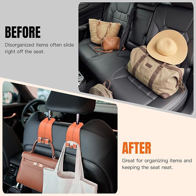 2PCS Car Hooks for Headrest, Faux Leather Purse Hook for Car Seat Back Organizers and Storage, Double Metal Purse Holder Bag Hanger, Universal Car Interior Accessories for Women Man