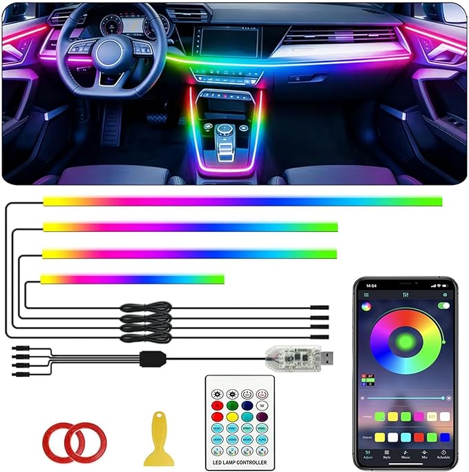Interior Car LED Strip Lights,Acrylic LED Lights for Car with Dynamic Dreamcolor Chasing,116in 4 in 1 RGB Neon Strip Fiber Optic LED Ambient Lighting Kits with Remote APP,for Inside car Decorations