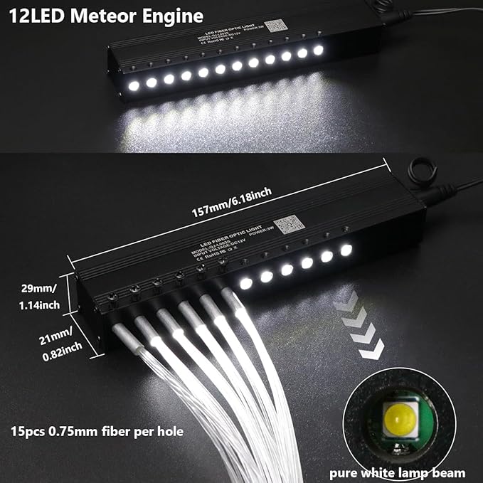 AZIMOM Mini 6W Twinkle 400pcs0.03in 9.8ft Fiber Optic Starlight Headliner+ 180pcs Fiber Pure White Meteor Shooting Star for Car Home, End Glow Fiber Strands Sound-Activated APP& Remote Control