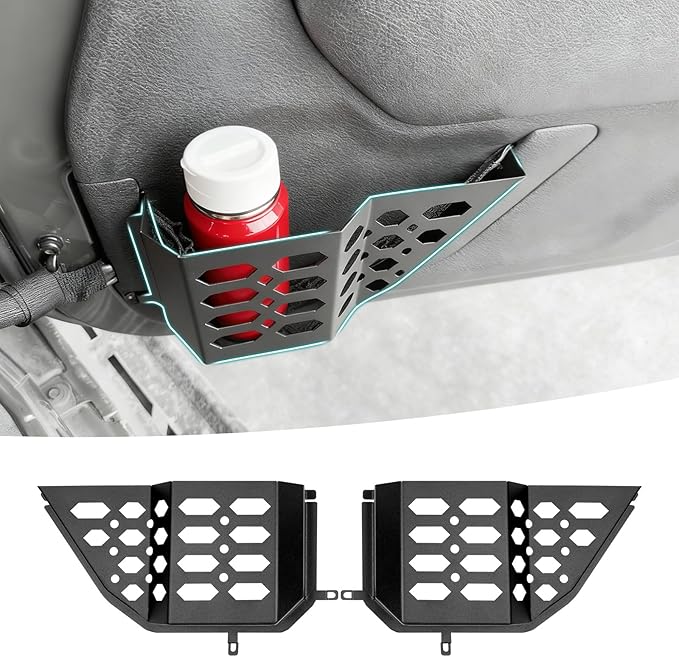 Front Door Pocket Cup Holder Organizer Compatible with 2007-2018 Jeep Wangler JK JKU Rubicon Sahara Accessories, Metal Door Side Insert Storage Box Expansion Accessories Replace Sagging Net