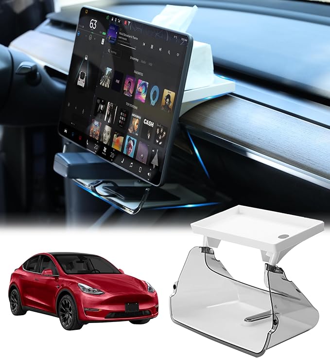 PM Auto Under-Screen Storage Organizer for Tesla Model Y (2020-2025) & Model 3 (2017-2023), Center Console Tray with Anti-Slip Silicone Pad, Interior Accessories White