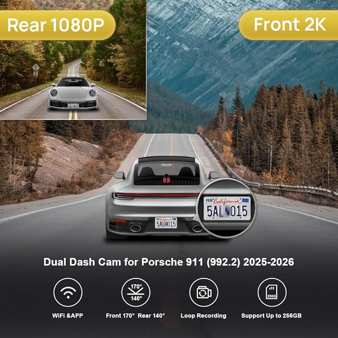 Fitcamx Front 2K+Rear 1080P Dash Cam Adapts for Porsche 911 2025-2026 & 911 GT3 RS & Turbo S (992.5), OEM Look, Dual HD Video, WiFi & APP, Loop Recording, Parking Sensor, Easy to Set, 64GB Card