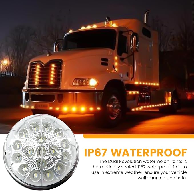 2PCS 17 LED Dual Revolution Amber Turn Signal & White Auxiliary Watermelon Lights, Clear Lens with Stainless Steel Bezel, Compatible with Freightliner, Ke-nw-or-th, Peterbilt & Heavy Trucks