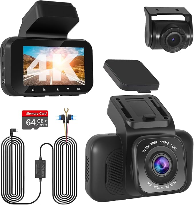 Dash Cam Front and Rear, 4K Dash Camera for Cars, Dual Dashcam with Hardwire Kit, 3" Screen Car Camera, 64GB Card Included, Night Vision, 24 Hours Parking Monitor, G-Sensor, Support 256 GB Max