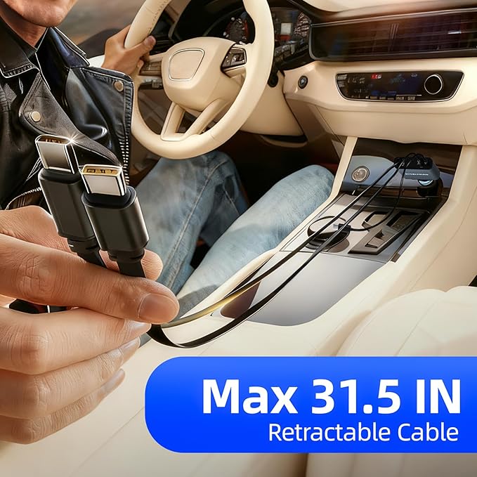 Retractable Car Charger Ultra-Slim, 65W Fast Car Charger with 31.5 inches and USB C+USB A Car Charging Block Cube Suitable for iPhone Samsung and Android