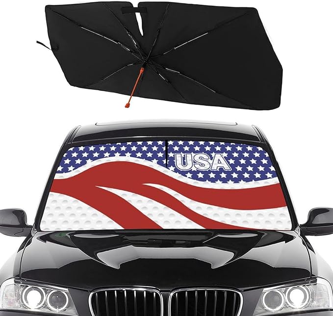 Socira American USA Flag Car Windshield Sunshade Umbrella Foldable Umbrella Sun Shade Windshield Cover Patriot Sunshade Car Accessories Blocks Uv Rays Keeps Cool (57" X 30")