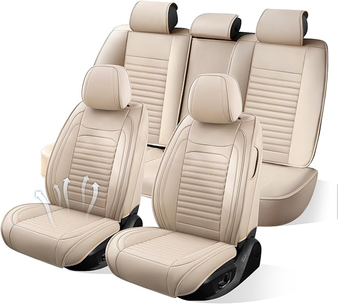 Car Seat Covers Full Set Fit for Toyota RAV4 2001-2026, Premium Faux Leather Car Seat Protector,Breathable Anti-Slip Full Wrapping Edge Seat Covers(Beige,Full Set)