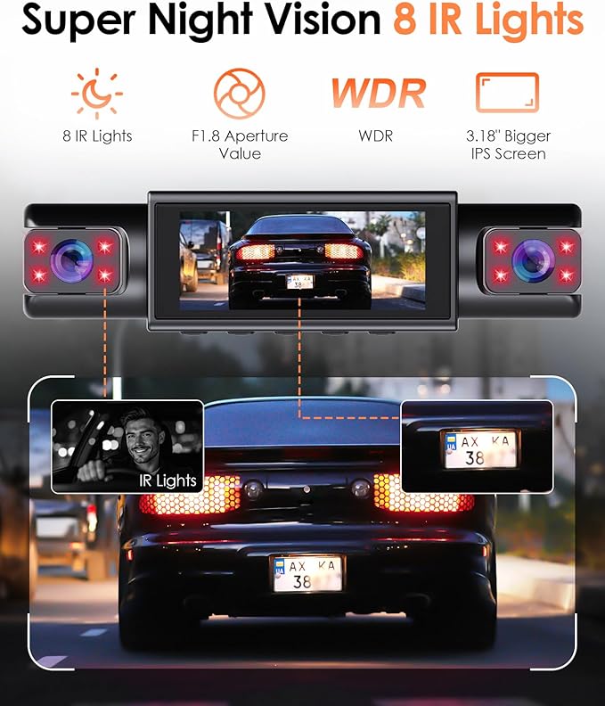 4 Channel Dash Cam 360° View, 2K Car Dash Cam Front and Back, 4-Way Front Rear Inside Recording, APP Control, 8 IR Night Vision, Parking Monitor, G-Sensor, Free 64GB TF Card