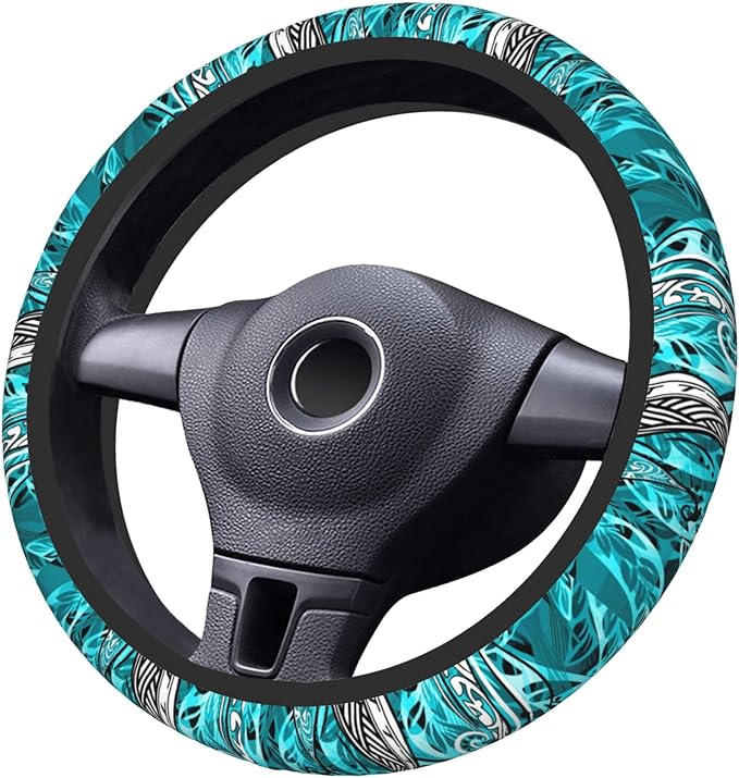 Hawaiian Teal Ocean Tribal Car Steering Wheel Cover for Women Men Stretch Cloth Anti-Slip Wrap Protector Case Fit Universal Auto Accessories Decor Sweat Absorption 14-15 Inch