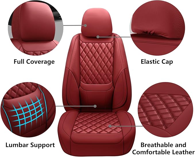 Car Seat Covers Front Pair,Universal Fit for Cars,SUVs,Trucks,and Sedans,Faux Leather Car Seat Cushion Compatible with Airbags,Waterproof Car Seat Protector,Wine Red